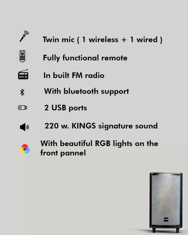 KINGS Party Trolley Speaker With Twin Mic, FM Radio, Bluetooth, RGB lights And 220 W. KINGS Signature Sound. - Image 8