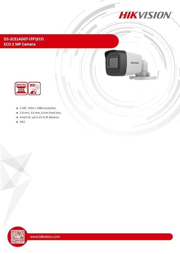 HIKVISION 2MP Outdoor Bullet Wired CCTV 1080p Camera White [DS-2CE1AD0T-ITP/ECO]  for 2MP & Above DVR - Image 3
