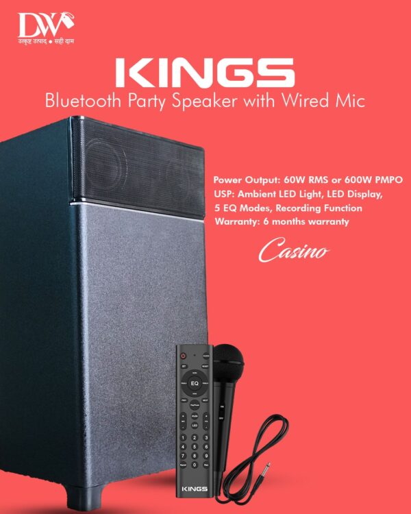 KINGS 60W RMS Bluetooth Party Speaker with Wired Mic (Bass Booster Sound, 2.1 Channel, Black) Model- Casino - Image 2