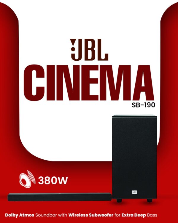 JBL Cinema SB190 Deep Bass, Dolby Atmos Soundbar with Wireless Subwoofer for Extra Deep Bass, 2.1 Channel with Remote, Sound Mode for Voice Clarity, HDMI eARC, Bluetooth & Optical Connectivity (380W) - Image 4