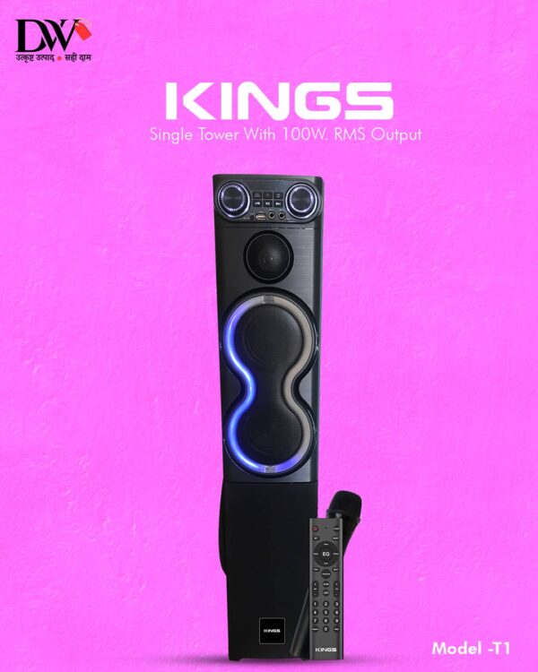 KINGS Powerful 100 Watt RMS, Single Tower Party Speaker System with Dynamic Disco Lights, Bluetooth, USB, Digital FM, Wireless Mic and AUX | Party Powerhouse Speaker,Model T-1