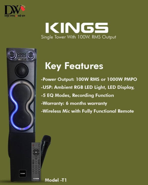 KINGS Powerful 100 Watt RMS, Single Tower Party Speaker System with Dynamic Disco Lights, Bluetooth, USB, Digital FM, Wireless Mic and AUX | Party Powerhouse Speaker,Model T-1