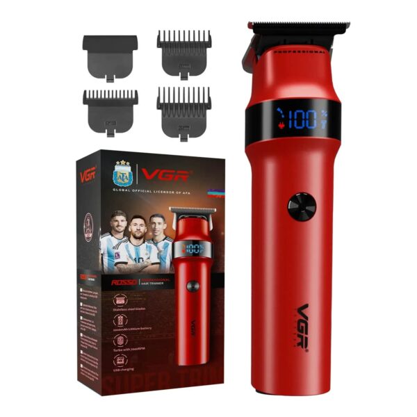 VGR Rosso Professional Men's Beard & Moustache Hair Trimmer for Men with 400min Long Runtime | 2000mAh Lithium Battery | Turbo Mode with 7000 RPM Powerful Motor | LED Display (Red)