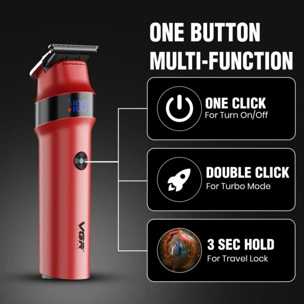 VGR Rosso Professional Men's Beard & Moustache Hair Trimmer for Men with 400min Long Runtime | 2000mAh Lithium Battery | Turbo Mode with 7000 RPM Powerful Motor | LED Display (Red)