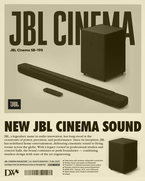 JBL Cinema SB190 Deep Bass, Dolby Atmos Soundbar with Wireless Subwoofer for Extra Deep Bass, 2.1 Channel with Remote, Sound Mode for Voice Clarity, HDMI eARC, Bluetooth & Optical Connectivity (380W)