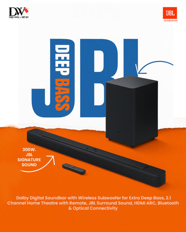 JBL Bar 2.1 Deep Bass, Dolby Digital Soundbar with Wireless Subwoofer for Extra Deep Bass, 2.1 Channel Home Theatre with Remote, Surround Sound, HDMI ARC, Bluetooth & Optical Connectivity (300W)