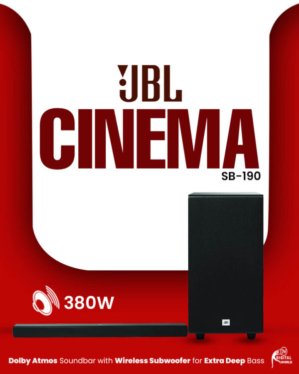 JBL Cinema SB190 Deep Bass, Dolby Atmos Soundbar with Wireless Subwoofer for Extra Deep Bass, 2.1 Channel with Remote, Sound Mode for Voice Clarity, HDMI eARC, Bluetooth & Optical Connectivity (380W)