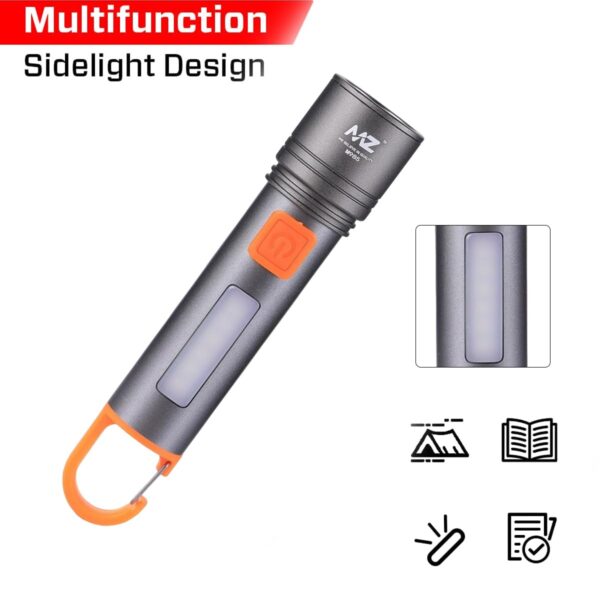 MZ M985 Rechargeable LED Flashlight with Zoom, 50W Front Light + 36W COB Side Light, 4 Modes, Type-C Charging, Hook for Hanging for Camping, Hiking, Emergency Use (Silver/Black)