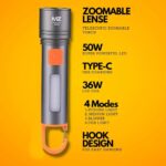 MZ M985 Rechargeable LED Flashlight with Zoom, 50W Front Light + 36W COB Side Light, 4 Modes, Type-C Charging, Hook for Hanging for Camping, Hiking, Emergency Use (Silver/Black)