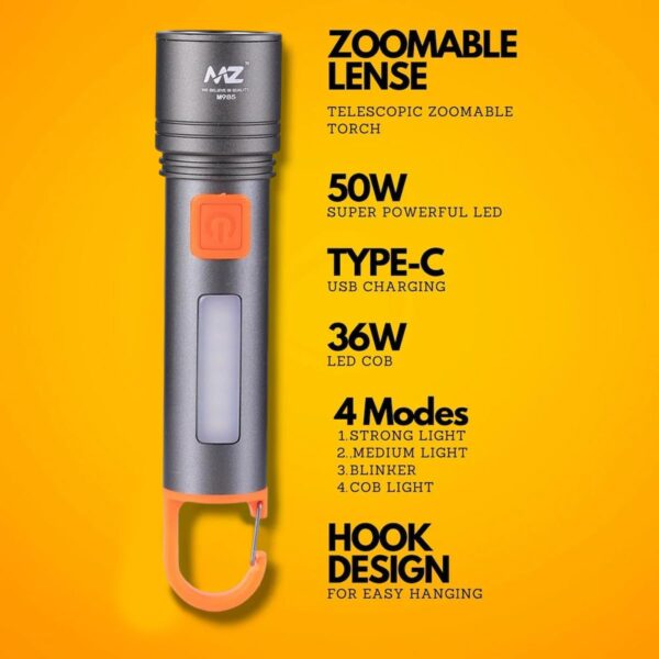 MZ M985 Rechargeable LED Flashlight with Zoom, 50W Front Light + 36W COB Side Light, 4 Modes, Type-C Charging, Hook for Hanging for Camping, Hiking, Emergency Use (Silver/Black)