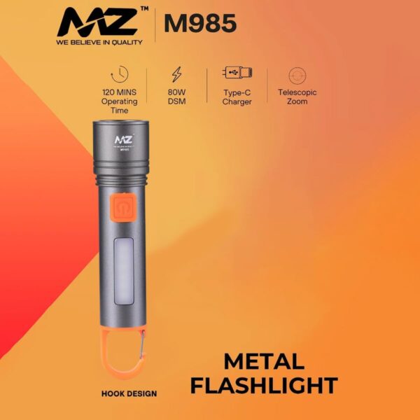 MZ M985 Rechargeable LED Flashlight with Zoom, 50W Front Light + 36W COB Side Light, 4 Modes, Type-C Charging, Hook for Hanging for Camping, Hiking, Emergency Use (Silver/Black)