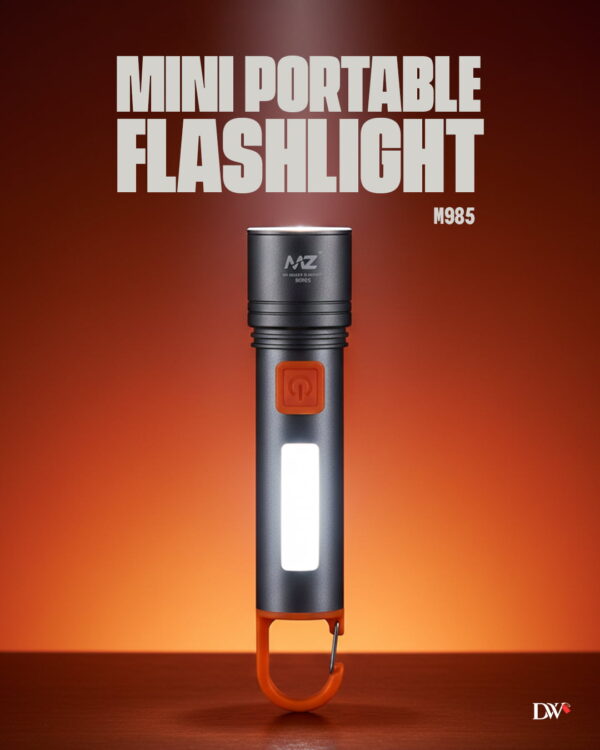 MZ M985 Rechargeable LED Flashlight with Zoom, 50W Front Light + 36W COB Side Light, 4 Modes, Type-C Charging, Hook for Hanging for Camping, Hiking, Emergency Use (Silver/Black)