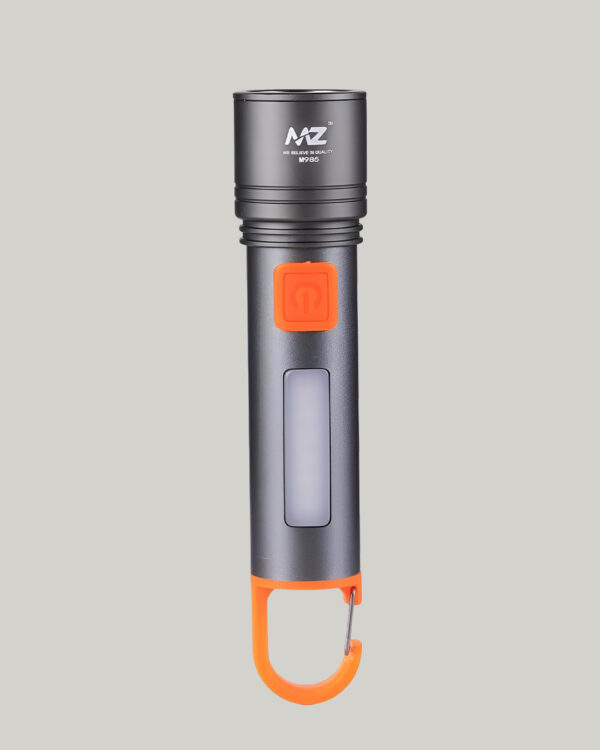 MZ M985 Rechargeable LED Flashlight with Zoom, 50W Front Light + 36W COB Side Light, 4 Modes, Type-C Charging, Hook for Hanging for Camping, Hiking, Emergency Use (Silver/Black)