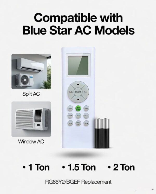 Blue Star AC Remote Compatible RG66Y2/BGEF | Replacement Remote for Split & Window Air Conditioner | 1 Ton, 1.5 Ton, 2 Ton AC | Eco Sleep, Turbo, Swing, I Feel Function | Ready to Use-AC-201B