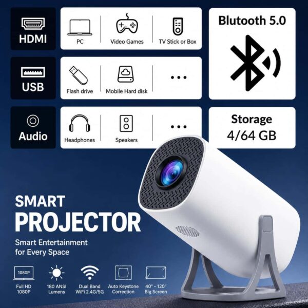 Smart Portable Projector 1080P Full HD | 180 ANSI Lumens | Dual Band WiFi 2.4G/5G | Bluetooth 5.0 | 4GB/64GB | Auto Keystone | HDMI USB - S40